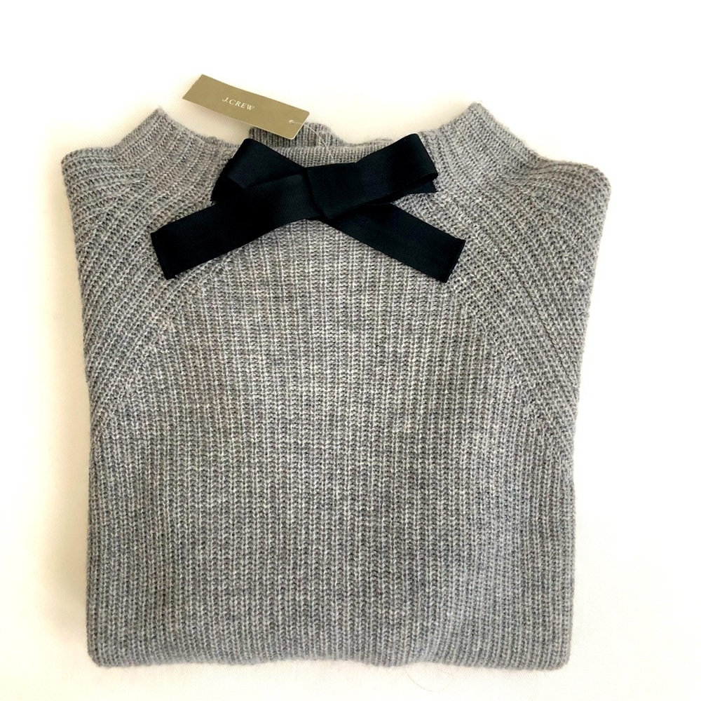 New J. Crew Grey Chunky Knit Sweater with Bow Size Small